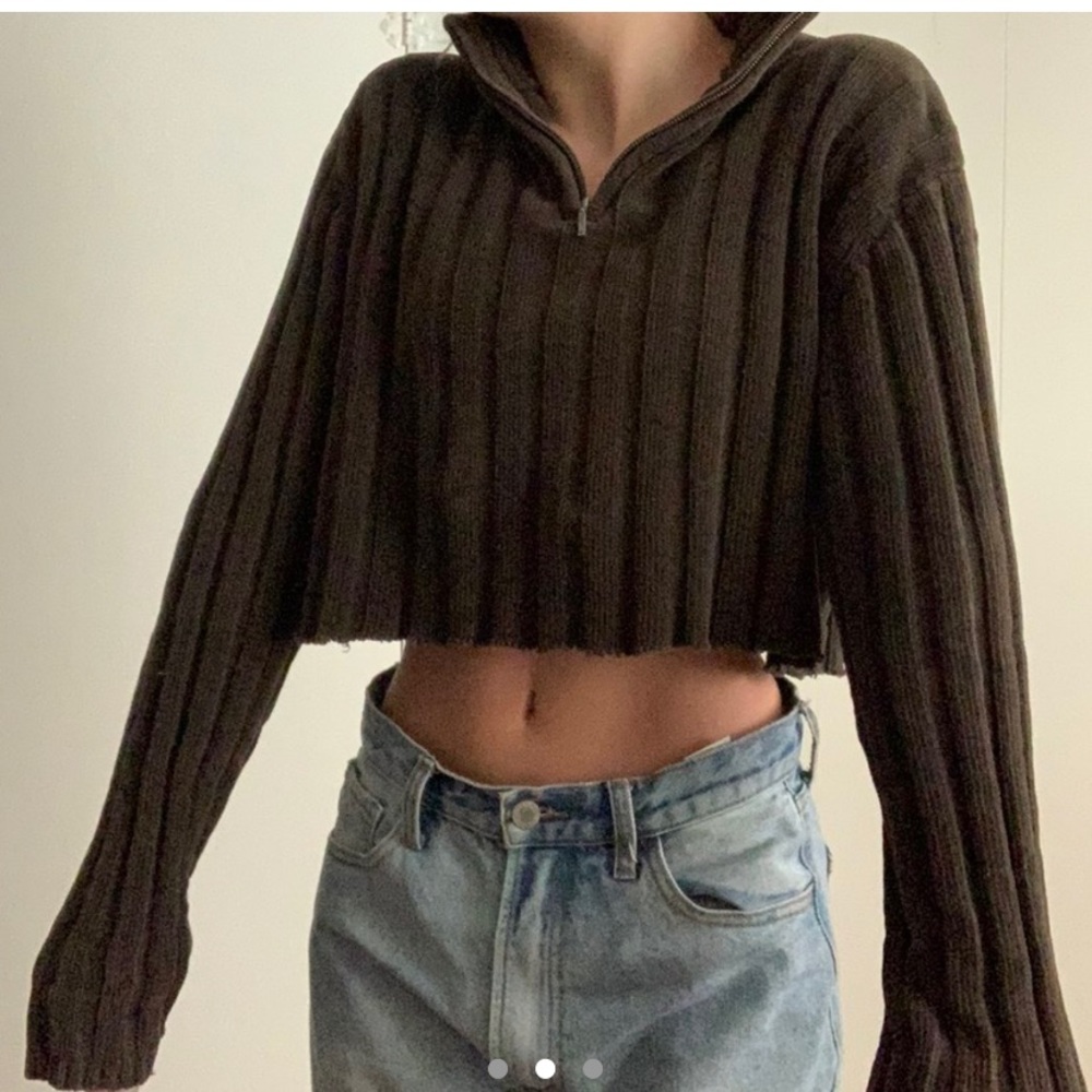 Quarter Zip Cropped Ribbed Pullover - image 1